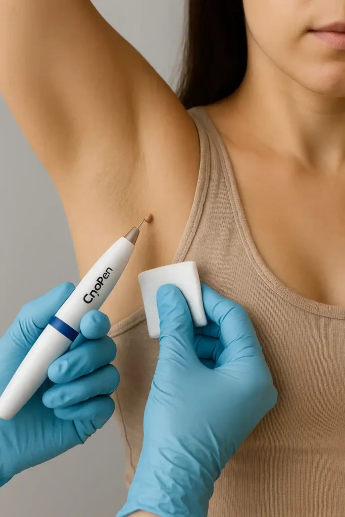 woman having cryopen to remove underarm skin tags West Sussex