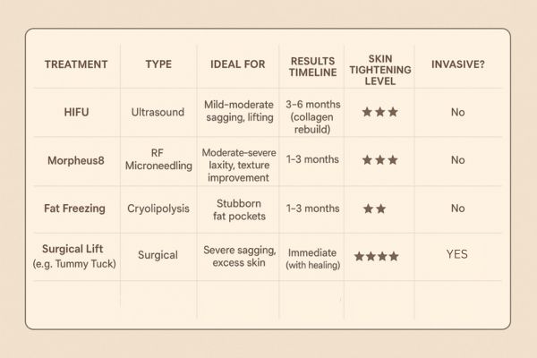 Table showing the comparisons of Skin tightening West Sussex treatment options.